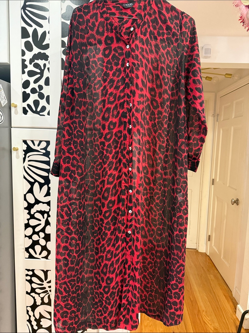 Red & Black Leopard Print sheer Button-Front Maxi Shirt Dress